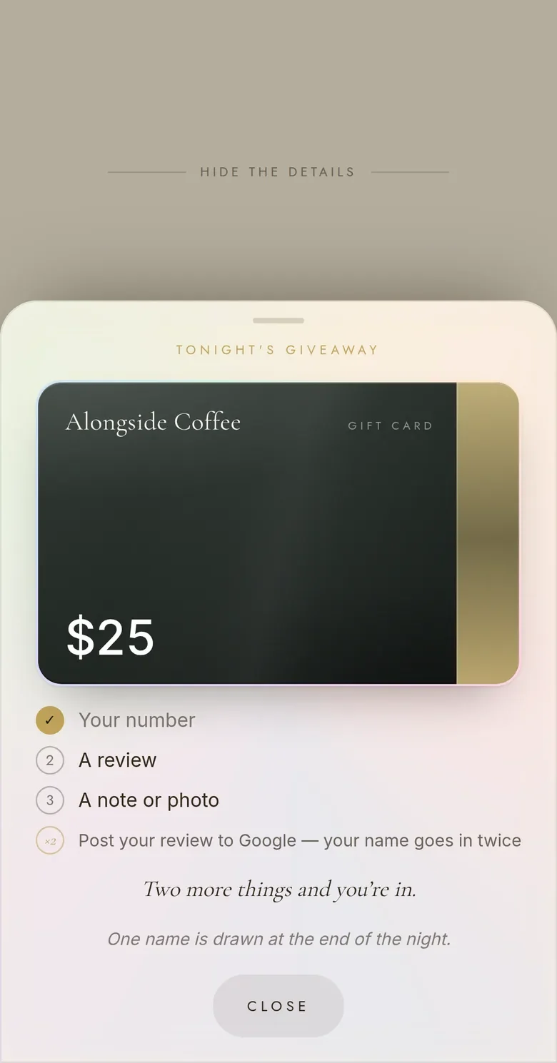 Tonight's giveaway: a gift card, and the guest's own checklist to enter