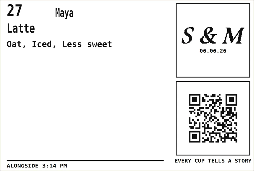 A printed keepsake label: 27, Maya, Latte, the couple's monogram and a QR
