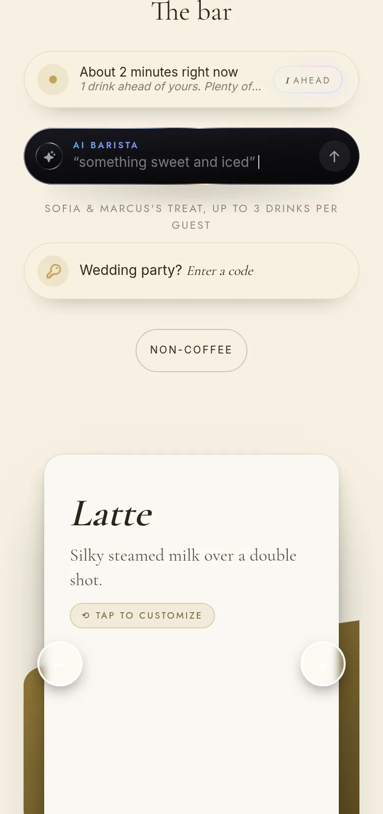 The guest menu on a phone, with the wait and the first drinks