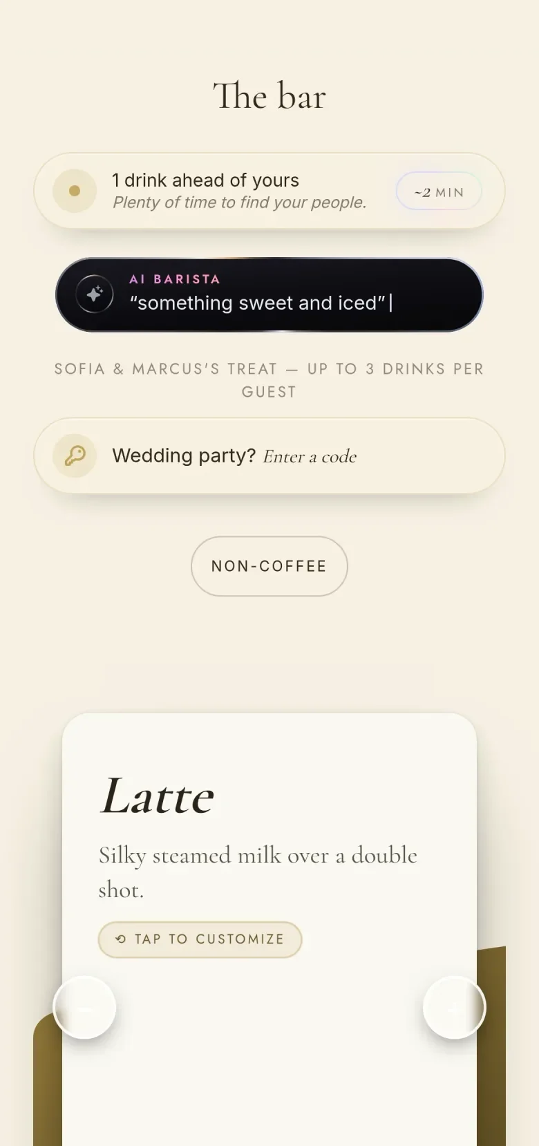 The guest menu on a phone: the wait, the AI barista, the priority code, the first drink
