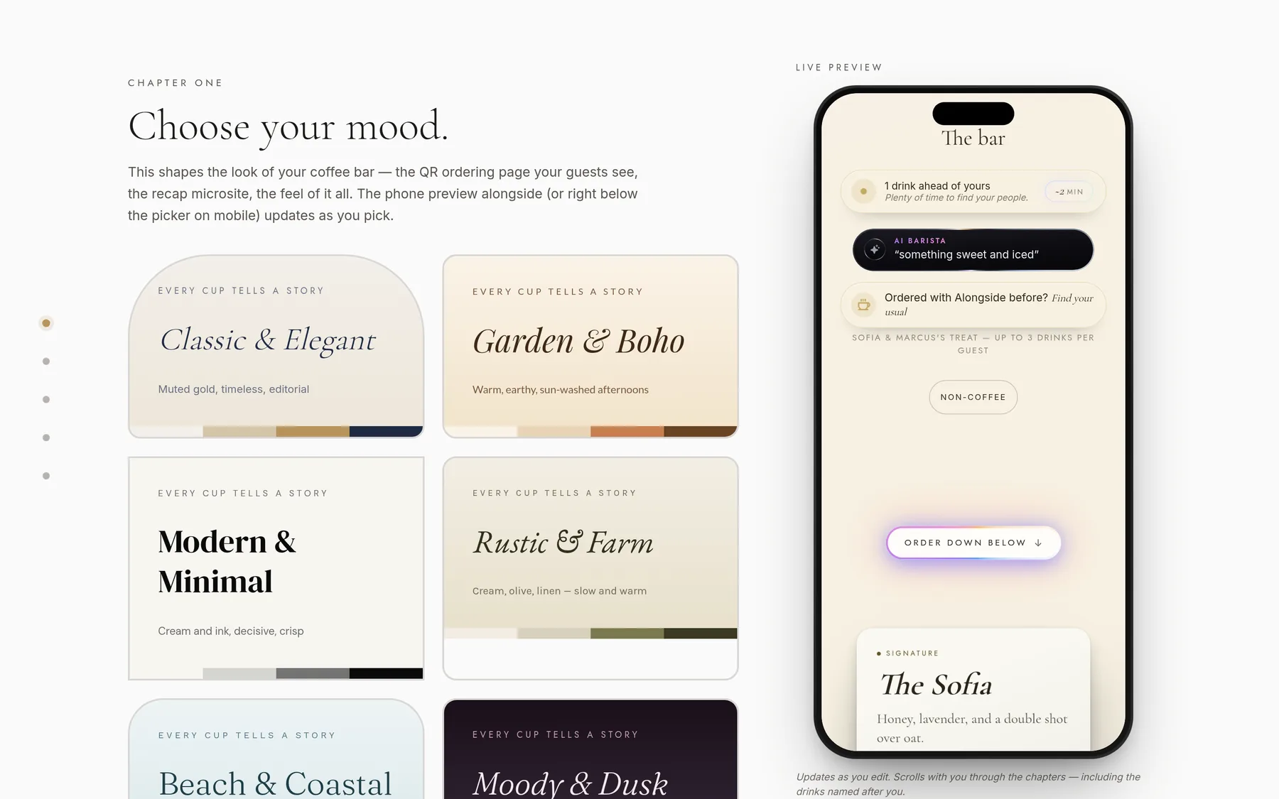 The couple's studio: choose your mood, with the live phone preview beside it
