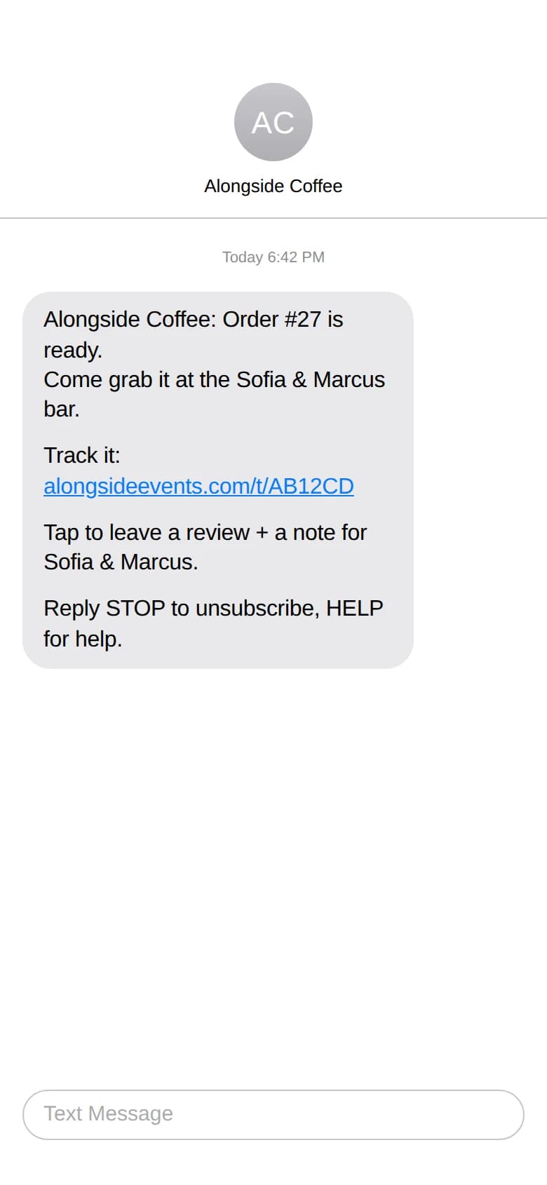 A guest's phone: the text saying order 27 is ready, come grab it