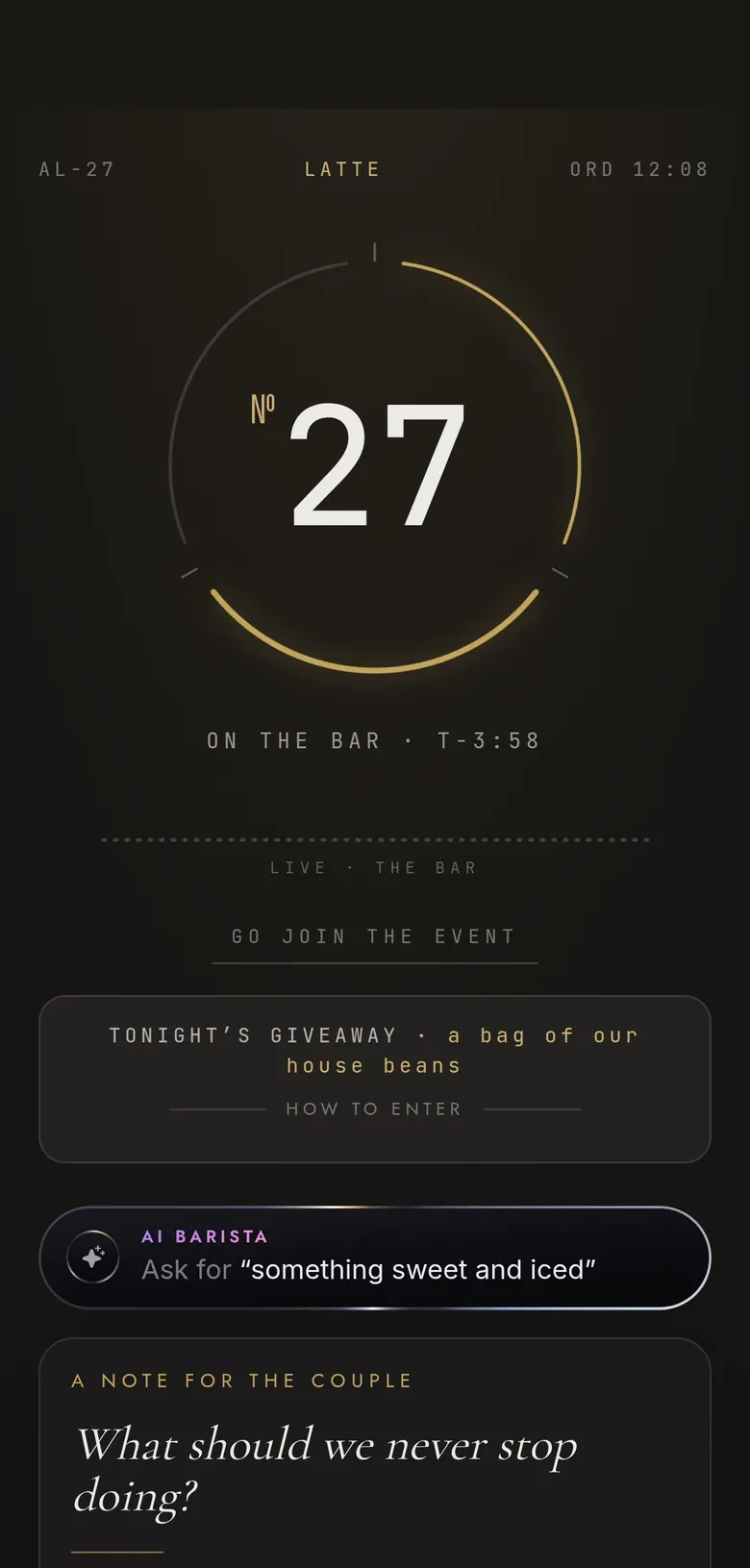 The wait screen: number 27 with a live timer, the giveaway, the AI barista